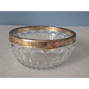Vintage 1950s Leonard Italy Thumbprint Cut Crystal Bowl with Silver Rim